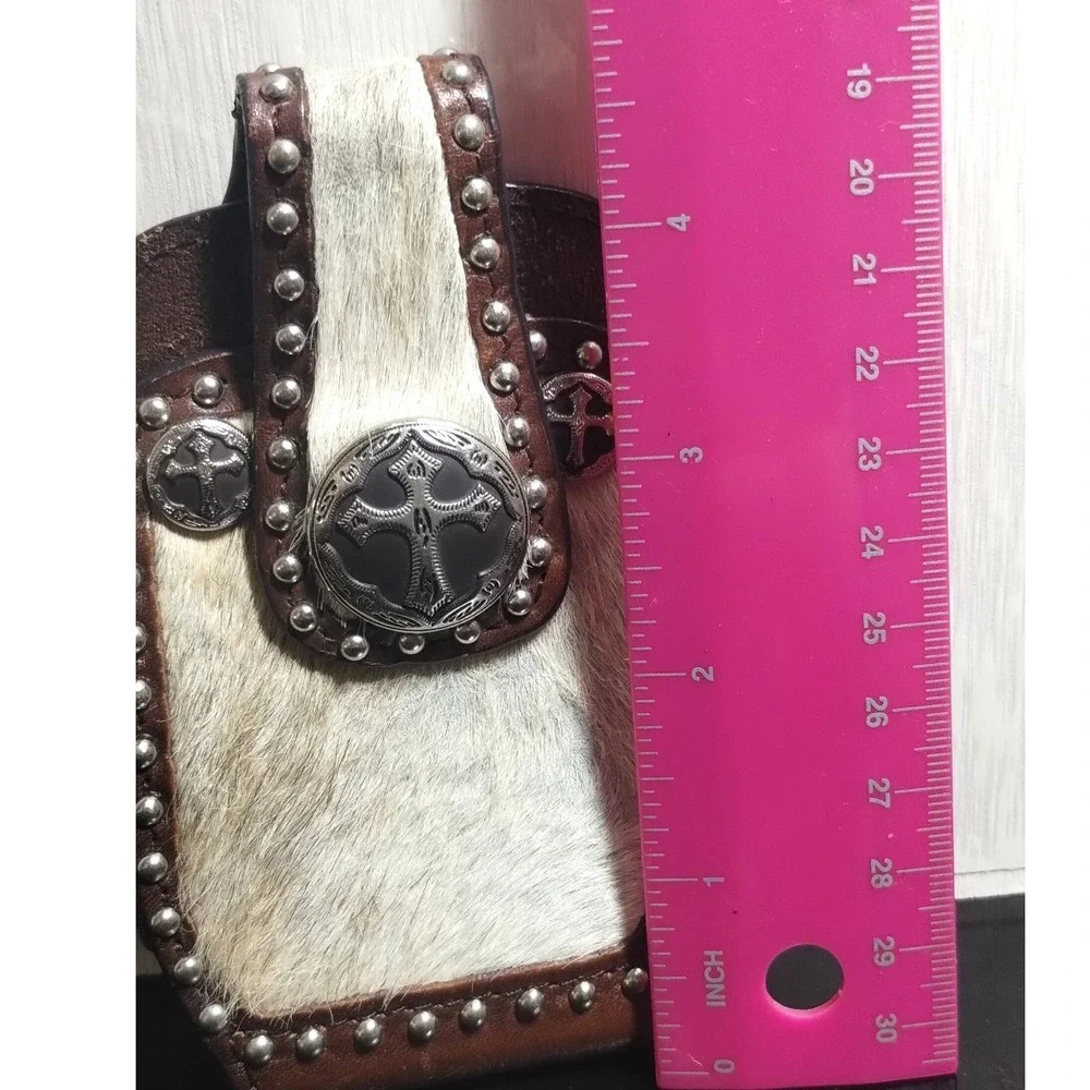Western Leather Cowhide Belt Clip Phone Holster Pouch Cross Conchos Studded
